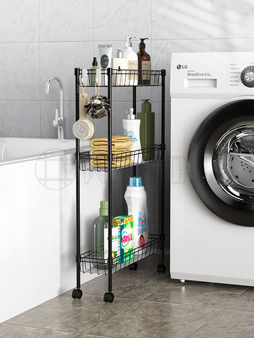 金屬多層可移動(dòng)夾縫收納置物架 黑色網(wǎng)籃小推車（3）