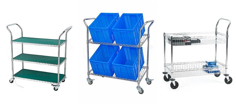 鍍鉻貨架手推車 多層金屬網格揀貨車 層距可調-川井