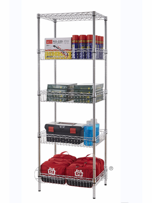 五層鍍鉻線網網籃貨架 落地式金屬可拆卸置物架