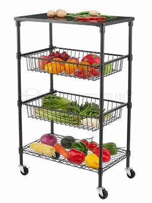 廚房蔬菜水果拉籃收納架 碳鋼木質儲物小車