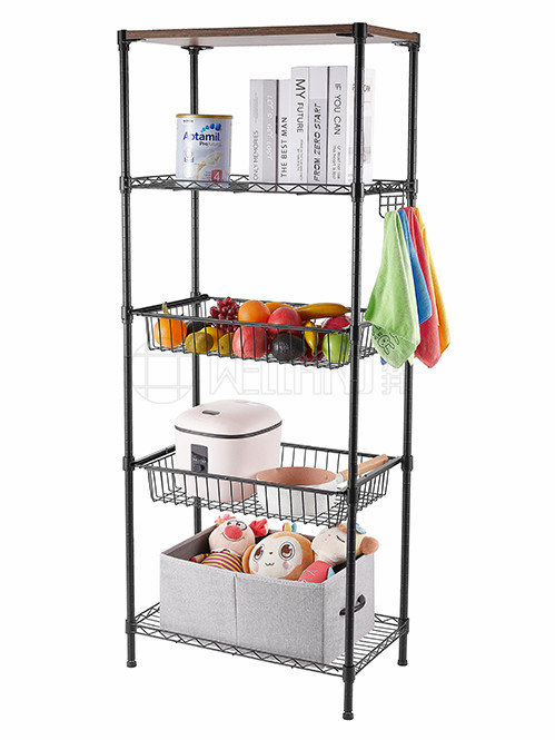 金屬碳鋼落地置物架-抽屜網籃收納架帶側掛鉤