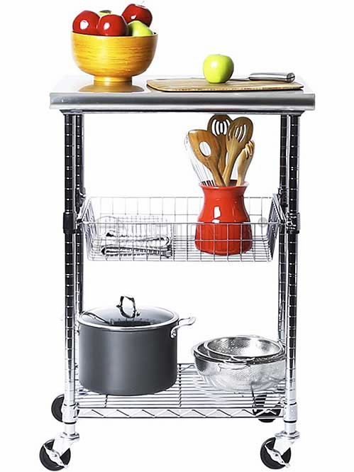 不銹鋼廚房小推車 不銹鋼板工作臺 抽拉網籃收納架
