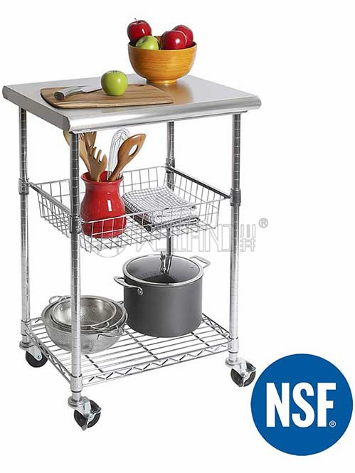 不銹鋼廚房小推車 不銹鋼板工作臺 抽拉網籃收納架（1）