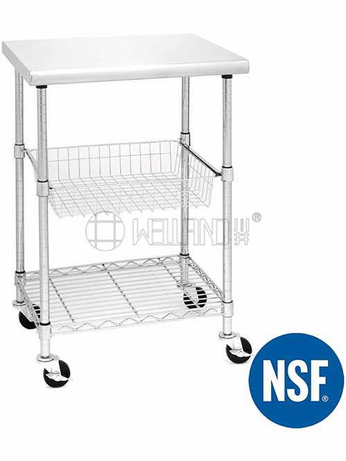 不銹鋼廚房小推車 不銹鋼板工作臺 抽拉網籃收納架（2）